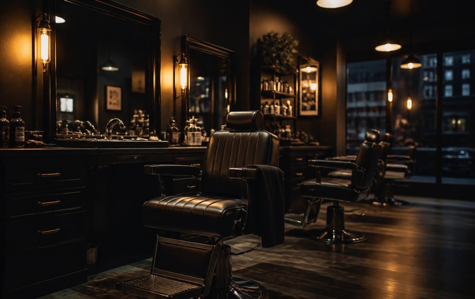 Interior de barbearia com luz quente à noite